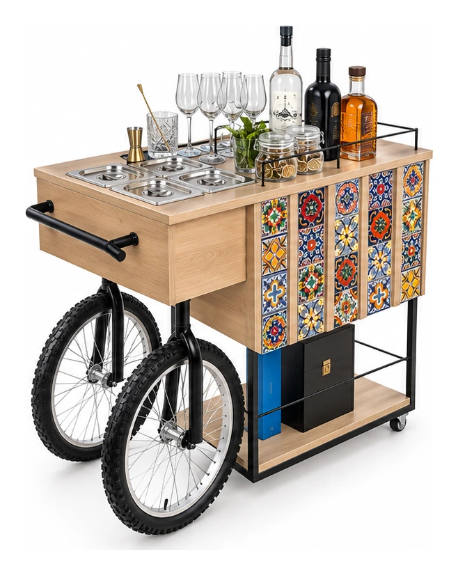 Bar Talavera con cerámica de colores, bandejas y ruedas tipo bicicleta